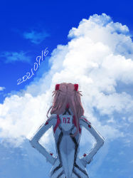 Rule 34 | 1girl, ass, blue sky, bodysuit, boyaking, brown hair, dated, evangelion: 3.0+1.0 thrice upon a time, hair ornament, hands on own hips, highres, long hair, neon genesis evangelion, pilot suit, plugsuit, rebuild of evangelion, shiny clothes, skin tight, sky, solo, souryuu asuka langley, standing, two side up, very long hair, white bodysuit, wide hips