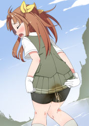 Rule 34 | 1girl, bike shorts, blue sky, blush, bow, brown hair, cloud, day, dutch angle, embarrassed, closed eyes, from behind, gloves, green skirt, green vest, hair bow, hair ornament, have to pee, kagerou (kancolle), kantai collection, kneehighs, knees together feet apart, minamimachi naname, miniskirt, mountain, open mouth, outdoors, peeing, peeing self, pleated skirt, school uniform, shirt, short sleeves, skirt, sky, socks, solo, standing, tears, teeth, twintails, vest, water, wet, wet clothes, white gloves, white socks, white shirt, yellow bow