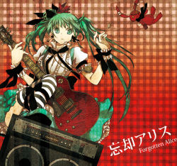Rule 34 | 1girl, amplifier, bad id, bad pixiv id, buzz (moi), dress, earrings, electric guitar, gibson les paul, green eyes, green hair, guitar, hatsune miku, instrument, jewelry, left-handed, legs, long hair, matching hair/eyes, nail polish, plectrum, pocket watch, puffy short sleeves, puffy sleeves, rabbit, red nails, ribbon, short sleeves, solo, striped clothes, striped thighhighs, stuffed animal, stuffed rabbit, stuffed toy, thighhighs, twintails, vocaloid, watch, wrist cuffs