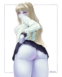 Rule 34 | 1girl, artist name, ass, black skirt, blue skin, breasts, clothes lift, colored skin, commission, cowboy shot, highres, large breasts, long hair, looking at viewer, looking back, monster girl encyclopedia, platinum hair, red eyes, seraziel, shirt, skirt, skirt lift, solo, standing, white shirt, wight (monster girl encyclopedia)