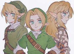 Rule 34 | 1boy, archaic set (zelda), blonde hair, bright pupils, brown gloves, closed mouth, collared shirt, earrings, gloves, green eyes, green headwear, green shirt, hat, jewelry, link, male focus, multiple views, nintendo, oharu-chan, parted lips, pointy ears, shirt, smile, strap, the legend of zelda, undershirt, white background, white pupils