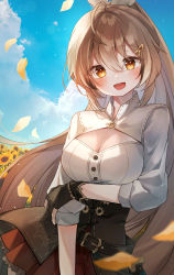 Rule 34 | 1girl, :d, ahoge, arm under breasts, belt, breasts, brown corset, brown eyes, brown hair, cleavage, cleavage cutout, clothing cutout, cloud, cloudy sky, corset, dagger, falling petals, feather hair ornament, feathers, flower, gloves, hair ornament, hairclip, highres, hololive, hololive english, knife, lens flare, long hair, looking at viewer, medium breasts, multicolored hair, nanashi mumei, open mouth, outdoors, partially fingerless gloves, petals, pleated skirt, ponytail, red skirt, shirt, skirt, sky, smile, spi, streaked hair, sunflower, sunflower petals, very long hair, virtual youtuber, weapon, white shirt