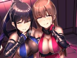 Rule 34 | 2girls, aoi tiduru, arm guards, bare shoulders, black hair, blue gloves, blush, breasts, brown eyes, brown hair, cleavage, elbow gloves, fingerless gloves, gloves, grin, halterneck, japanese clothes, katana, large breasts, licking lips, long hair, looking at viewer, multiple girls, naughty face, ninja, original, pink gloves, ponytail, purple eyes, scarf, sideboob, smile, sword, tongue, tongue out, weapon