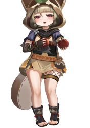 Rule 34 | 1girl, animal ears, animal hood, apple, bike shorts, black footwear, black gloves, black scarf, black shorts, blunt bangs, boots, dokomon, fake animal ears, fake tail, fingerless gloves, food, fruit, full body, genshin impact, gloves, highres, hood, japanese clothes, kimono, leaf, leaf on head, legs, low twintails, open mouth, outstretched arm, purple eyes, raccoon ears, raccoon tail, sayu (genshin impact), scarf, short hair, short shorts, short sleeves, short twintails, shorts, silver hair, simple background, solo, tail, thigh strap, thighs, toeless footwear, toes, twintails, white background, yellow kimono