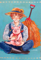 Rule 34 | animal, black footwear, blue background, blush, boots, closed eyes, denim, facing viewer, flower, freckles, hat, hat flower, hay, highres, holding, holding animal, long sleeves, looking at viewer, original, overalls, painting (medium), pig, pitchfork, plaid, plaid shirt, red hair, shirt, sitting, smile, solo, straw hat, sun hat, traditional media, yamatotsubame
