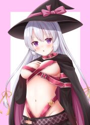 Rule 34 | 1girl, absurdres, arm at side, ayachi nene, belt, belt bra, belt collar, black cloak, black hat, blush, border, bow, breasts, cloak, collar, commentary, eyelashes, eyes visible through hair, grey hair, groin, hair between eyes, hair ribbon, hand up, hat, hat bow, highres, large breasts, long hair, long sleeves, looking at viewer, n rinkoro, navel, open mouth, pink belt, pink border, pink bow, purple eyes, ribbon, sanoba witch, simple background, solo, stomach, straight hair, upper body, very long hair, white background, wide sleeves, witch, witch hat, yellow ribbon