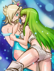 Rule 34 | 2girls, adapted costume, alternate hair length, alternate hairstyle, aqua eyes, ass, bad id, bad pixiv id, bikini, blonde hair, blue eyes, boots, breasts, butt crack, c.c., choker, cleavage, code geass, crossover, crown, finger to mouth, green hair, hair over one eye, holding another&#039;s wrist, large breasts, long hair, mario (series), multiple girls, nintendo, off shoulder, panties, rosalina, short hair, super mario bros. 1, super mario galaxy, swimsuit, thigh boots, thighhighs, underwear, yellow eyes, yuri, zero hime