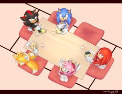 Rule 34 | 1girl, 4boys, amy rose, chopsticks, eating, food, knuckles the echidna, multiple boys, noodles, shadow the hedgehog, sitting, soba, sonic the hedgehog, sonic (series), specialzone, tails (sonic)