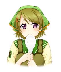 Rule 34 | 10s, 1girl, blush, brown hair, food, food on face, hair ornament, hairclip, highres, holding, koizumi hanayo, looking at viewer, love live!, love live! school idol festival, love live! school idol project, purple eyes, rice, satoharu, short hair, simple background, smile, solo, upper body, white background