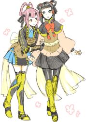 Rule 34 | 2girls, :o, arm hug, armor, bad id, bad pixiv id, black hair, blue eyes, blush, boots, bow, brown eyes, fingerless gloves, gensou suikoden, gensou suikoden v, gloves, hair ribbon, hair rings, lyon (suikoden), miakis (suikoden), multiple girls, open mouth, pantyhose, purple eyes, purple hair, ribbon, short hair, sketch, skirt, smile, tako (pixiv251252), thigh boots, thighhighs, zettai ryouiki