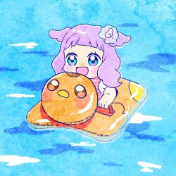 Rule 34 | 1girl, :d, baby, blue eyes, brooch, commentary request, cut bangs, ellee-chan, hirogaru sky! precure, holding, hoppetoonaka3, in water, jewelry, long hair, magical girl, open mouth, pool, precure, purple hair, simple background, smile, solo, water, wing brooch, wing hair ornament, yuunagi tsubasa, yuunagi tsubasa (bird)