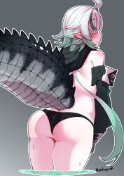 Rule 34 | 1girl, absurdres, ahoge, arknights, ass, bare back, bare shoulders, black panties, blush, cowboy shot, crocodilian tail, detached sleeves, from behind, green background, green hair, green sleeves, highres, long hair, looking at viewer, looking back, mikagura, multicolored hair, panties, pointy ears, sideways glance, simple background, solo, streaked hair, tail, tomimi (arknights), topless, underwear, wading, white hair, yellow eyes