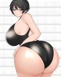 Rule 34 | 1girl, absurdres, ass, black eyes, black hair, black one-piece swimsuit, blush, breasts, competition swimsuit, highres, huge ass, huge breasts, looking at viewer, looking back, one-piece swimsuit, original, short hair, smile, solo, swimsuit, thick thighs, thighs, tokitamago (sasakitoki), white background, wide hips