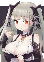 Rule 34 | 1girl, absurdres, areola slip, azur lane, black dress, blush, breasts, cleavage, dress, formidable (azur lane), frilled dress, frills, highres, large breasts, long hair, looking at viewer, red eyes, solo, twintails, two-tone dress, two-tone ribbon, wweed