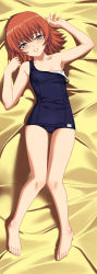 Rule 34 | 00s, 1girl, a1 (initial-g), absurdres, armpits, barefoot, bed sheet, blue eyes, dakimakura (medium), feet, full body, highres, kaleido star, knees together feet apart, long image, looking at viewer, lying, on back, one-piece swimsuit, orange hair, parted lips, rosetta passel, school swimsuit, smile, solo, strap slip, swimsuit, tall image, toes