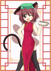 Rule 34 | 1girl, animal ears, black thighhighs, blush, brown eyes, brown hair, cat ears, cat girl, cat tail, chen, china dress, chinese clothes, cookie, dress, earrings, female focus, food, hat, jewelry, makino (ukiuo), one eye closed, paw print, short hair, solo, tail, thighhighs, touhou, wink