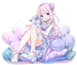Rule 34 | 1girl, amimi, blue dress, blue eyes, blue hair, blush, bouquet, commission, dress, flower, half updo, high heels, highres, holding, holding bouquet, hydrangea, indie virtual youtuber, long hair, multicolored hair, open mouth, pink hair, short dress, skeb commission, solo, temari hanan, virtual youtuber, white background