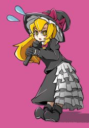 Rule 34 | 1girl, black footwear, black hat, black skirt, blonde hair, blush, boots, bow, braid, buttons, commentary request, cookie (touhou), flying sweatdrops, frilled skirt, frills, full body, hair bow, hat, hat bow, highres, holding, holding microphone, jijii (nicoseiga91467756), kirisame marisa, long hair, looking at viewer, microphone, open mouth, parody, purple background, purple bow, rei (cookie), scotch (cookie) (style), shirt, simple background, single braid, skirt, solo, style parody, touhou, white shirt, witch hat, yellow eyes