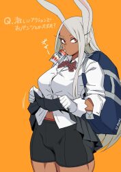 Rule 34 | 1girl, alternate costume, animal ears, backpack, bag, bike shorts, black shorts, black skirt, boku no hero academia, bow, bowtie, breasts, brown bow, brown bowtie, bulge, button gap, character name, clothes lift, collared shirt, commentary, cowboy shot, crotch seam, dark-skinned female, dark skin, dress shirt, drinking, expressionless, gloves, grey hair, highres, implied futanari, juice box, lifting own clothes, long eyelashes, long hair, long sleeves, looking at viewer, medium breasts, midriff peek, mikoyan, miniskirt, mirko, mouth hold, navel, orange background, parted bangs, plaid, plaid bow, plaid bowtie, pleated skirt, rabbit ears, rabbit girl, red eyes, school uniform, shirt, shorts, simple background, skirt, skirt lift, solo, standing, straight hair, thick thighs, thighs, translated, tsurime, white gloves, white shirt, wing collar