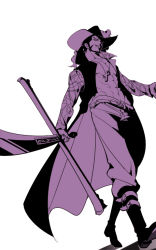 Rule 34 | 1boy, abs, boots, chinstrap, dracule mihawk, full body, hat, hat feather, jewelry, lining, male focus, mocchiri oyaji, monochrome, necklace, one piece, open clothes, open shirt, popped collar, purple theme, shirt, simple background, solo, source, sword, walking, weapon, white background, yoru (one piece)
