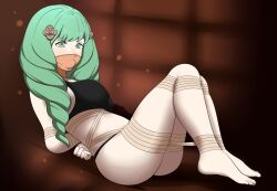 Rule 34 | 1girl, ass, ball gag, bdsm, black bra, black panties, blush, bondage, bound, bra, breasts, brown background, brown rope, cloth gag, covered mouth, dankestofdans, eyeliner, feet, female focus, fire emblem, fire emblem: three houses, flayn (fire emblem), gag, gagged, green eyes, green hair, huge ass, improvised gag, intelligent systems, large breasts, layered gags, long hair, lying, makeup, nintendo, panties, rope, shiny clothes, shiny skin, solo, thick thighs, thighs, underwear, underwear only, variant set, very long hair