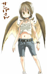 Rule 34 | 1girl, alternate costume, alternate hairstyle, belt, blush stickers, brown eyes, brown hair, face, female focus, flat chest, midriff, mystia lorelei, navel, no headwear, original, serious, shorts, simple background, solo, standing, touhou, translation request, white background, wings, yudepii