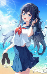Rule 34 | 1girl, :d, beach, black hair, blue eyes, blue sailor collar, blue skirt, blue sky, blush, breasts, bubble, cloud, commentary, cowboy shot, day, english commentary, hand in own hair, hand up, highres, holding, holding shoes, long hair, looking at viewer, medium breasts, neckerchief, ocean, open mouth, original, outdoors, pleated skirt, red neckerchief, sailor collar, school uniform, serafuku, shirt, shoes, unworn shoes, short sleeves, skirt, sky, smile, solo, standing, tteullie, very long hair, water, white shirt