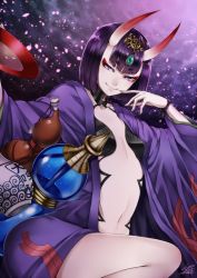 Rule 34 | 1girl, alcohol, bad id, bad pixiv id, cherry blossoms, cup, fate/grand order, fate (series), gourd, highres, horns, japanese clothes, jewelry, kimono, looking at viewer, oni, purple eyes, purple hair, sakazuki, sake, short hair, shuten douji (fate), shuten douji (first ascension) (fate), smile, solo, yusuki (fukumen)