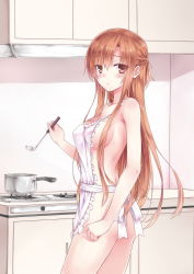 Rule 34 | 10s, 1girl, apron, ass, asuna (sao), bad id, bad pixiv id, blush, breasts, brown eyes, brown hair, cowboy shot, hiten (hitenkei), holding, ladle, long hair, looking at viewer, naked apron, sideboob, solo, sword art online