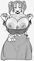 Rule 34 | 1girl, breasts, breasts out, breasts squeezed together, cleavage, dragon quest, dragon quest viii, facing viewer, greyscale, huge breasts, invisible penis, jessica albert, kneeling, looking at viewer, monochrome, open mouth, paizuri, perpendicular paizuri, solo focus, twintails, uenoshita sayuu