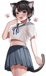 Rule 34 | 1girl, animal ear fluff, animal ears, bad id, bad pixiv id, blue eyes, blue ribbon, blue sailor collar, blue skirt, blue sky, blush, breasts, brown hair, cat ears, cat tail, commentary request, cowboy shot, cropped shirt, curled fingers, furrowed brow, hand to head, highres, hololive, midriff, moonbell, navel, neck ribbon, nose blush, oozora subaru, open mouth, paw print, pleated skirt, ribbon, sailor collar, short hair, short twintails, simple background, skirt, sky, solo, standing, sweatdrop, tail, twintails, virtual youtuber, white background