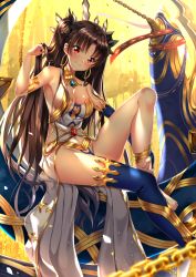 Rule 34 | 1girl, adjusting hair, anklet, armlet, armpits, asymmetrical gloves, asymmetrical legwear, bare arms, bare shoulders, barefoot, black hair, black ribbon, blue bridal gauntlets, blue gloves, blue thighhighs, blurry, blush, breasts, bridal gauntlets, brown hair, c:, chain, cleavage, closed mouth, clothing cutout, crown, depth of field, earrings, elbow gloves, fate/grand order, fate (series), female focus, from below, gem, gloves, hair ribbon, hand up, heavenly boat maanna, highres, hoop earrings, ishtar (fate), jewelry, knee up, large breasts, leg hold, long hair, looking at viewer, looking down, lots of jewelry, midriff, naughty face, navel, navel cutout, neck, neck ring, parted bangs, red eyes, revealing clothes, ribbon, sideboob, single bridal gauntlet, single elbow glove, single glove, single thighhigh, sitting, smile, solo, strapless, swordsouls, thighhighs, thighlet, tohsaka rin, two side up, type-moon, uneven gloves, uneven legwear, very long hair