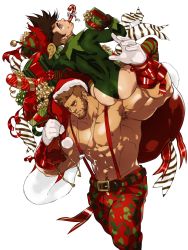 Rule 34 | 2boys, abs, arm up, armpit hair, bara, bare pectorals, beard, biceps, body hair, bodysuit, box, brown eyes, bulge, camouflage, camouflage pants, candy, candy cane, cayden (dizdoodz), chest hair, christmas, dizdoodz, earrings, facial hair, feet out of frame, food, gift, gift bag, gift box, gloves, green bodysuit, hat, highres, jewelry, large pectorals, light brown hair, looking to the side, male focus, multiple boys, muscular, muscular male, navel, nipples, on shoulder, original, over shoulder, pants, pectorals, red pants, santa costume, santa hat, short hair, stomach, suspenders, textless version, thick thighs, thighs, topless male, white background, white gloves