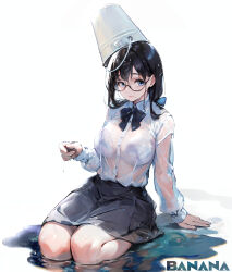 Rule 34 | 1girl, arm support, artist name, black bow, black bowtie, black hair, black skirt, blue bow, blue bra, blue eyes, bow, bowtie, bra, bra visible through clothes, breasts, bucket, bucket on head, buttons, glasses, hair bow, highres, large breasts, long hair, looking at viewer, mibashow, mole, mole under mouth, object on head, on floor, original, pink lips, puddle, school uniform, see-through, see-through shirt, seiza, shirt, sitting, skirt, solo, teacher, underwear, water, water drop, wet, wet clothes, wet hair, wet shirt, white shirt