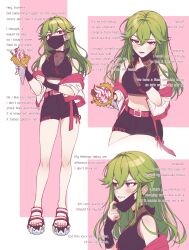 Rule 34 | 1girl, absurdres, alternate costume, alternate hairstyle, black gloves, black mask, blush, breasts, clenched teeth, crop top, english text, fingerless gloves, fishnets, food, genshin impact, gloves, green hair, hair between eyes, hair down, highres, holding, holding food, ice cream, ice cream cone, ice s s z, jacket, kuki shinobu, long hair, looking at viewer, mask, mask pull, medium breasts, multiple views, nail polish, off shoulder, open clothes, open jacket, open mouth, purple eyes, short shorts, shorts, simple background, sleeveless, standing, sweat, teeth, toenail polish, toenails, translation request, two-tone background