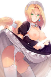 Rule 34 | 1girl, backlighting, breasts, chromatic aberration, clothes lift, detached collar, dragon quest, dragon quest vi, earrings, eyes visible through hair, female pubic hair, garter belt, green eyes, highres, jewelry, large breasts, leaning forward, lifting own clothes, long hair, looking at viewer, low-tied long hair, maid, mireyu, nipples, no panties, pubic hair, puffy short sleeves, puffy sleeves, short sleeves, simple background, skirt, skirt lift, smile, solo, supurai, thighhighs, white background, white garter belt, white thighhighs