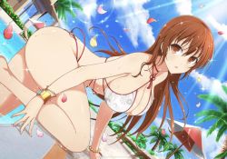Rule 34 | 1girl, bare shoulders, bikini, blue sky, blush, breasts, brown eyes, brown hair, cleavage, collarbone, crossover, day, dead or alive, dead or alive 6, dead or alive xtreme, hair down, highres, kasumi (doa), large breasts, long hair, looking at viewer, official art, outdoors, petals, pool, senran kagura, sky, solo, swimsuit, thighs, wading, white bikini, wristband, yaegashi nan