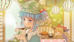 Rule 34 | 2girls, :d, blonde hair, blowing, blue eyes, blue hair, blue shirt, blunt bangs, blush, bottle, bow, bowl, chalkboard, closed eyes, coffee, coffee mug, collared shirt, commentary, commission, cucumber, cup, drooling, food, frilled shirt collar, frills, fruit, green headwear, hair bobbles, hair bow, hair ornament, hair tubes, hat, highres, holding, holding cup, horn bow, horn ornament, horns, htk mikan, ibuki suika, indoors, kettle, kotatsu, lantern, long hair, looking at object, low ponytail, mandarin orange, mug, multiple girls, oni, oni horns, open mouth, paper lantern, purple bow, purple shirt, red bow, sake bottle, shirt, short twintails, sidelocks, signature, skeb commission, sliding doors, smile, steam, table, tam o&#039; shanter, touhou, twintails, wrench