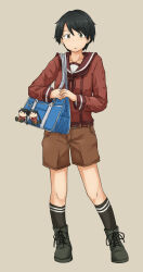 Rule 34 | 1girl, bag, black footwear, black hair, black socks, boots, brown eyes, brown neckerchief, brown sailor collar, brown serafuku, brown shirt, brown shorts, chagamaka, character doll, commentary request, commission, cross-laced footwear, highres, kantai collection, lace-up boots, meta, mikuma (kancolle), mogami (kancolle), neckerchief, sailor collar, sailor shirt, school bag, school uniform, serafuku, shirt, short hair, shorts, socks, solo, swept bangs