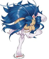 Rule 34 | 1girl, animal ears, animal hands, bent over, big hair, blue hair, breasts, cat ears, cat tail, felicia (vampire), full body, fur, green eyes, hair over one eye, highres, long hair, mono (monotonerhythm), muscular, muscular female, open mouth, running, smile, solo, sweatdrop, tail, vampire (game), white background