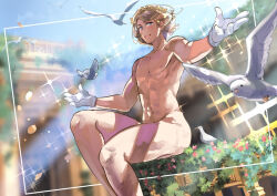 1boy axis_powers_hetalia bird blonde_hair blue_eyes blue_sky blurry blurry_background building bush facial_hair falling_petals flower france_(hetalia) gloves goatee_stubble himaruya_hidekazu laurel_crown looking_at_viewer male_focus nude open_mouth outstretched_arms petals shadow short_hair sitting sky smile solo sparkle spread_arms stubble toned toned_male white_bird white_gloves