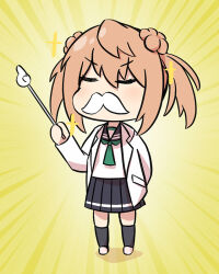 Rule 34 | 1girl, arm behind back, arthur ko, chibi, closed eyes, commentary request, double bun, fake facial hair, fake mustache, flat chest, full body, hair bun, holding, holding pointer, kantai collection, kneehighs, lab coat, light brown hair, medium hair, michishio (kancolle), pointer, pointing, school uniform, simple background, socks, solo, sparkle, standing, yellow background