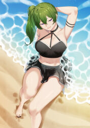 Rule 34 | 1girl, arm behind head, arm strap, bare legs, bare shoulders, barefoot, beach, bikini, bikini skirt, black choker, black nails, black skirt, blueorca, breasts, choker, collarbone, feet, foot out of frame, green hair, hair between eyes, highres, large breasts, long hair, looking at viewer, midriff, nail polish, navel, o-ring, o-ring top, outdoors, parted lips, purple eyes, sand, side ponytail, sitting, skirt, smile, solo, sousou no frieren, swimsuit, thighs, toenail polish, toenails, toes, ubel (sousou no frieren), water