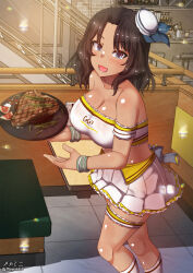Rule 34 | 1girl, black hair, blue eyes, blush, breasts, cleavage, el (girls und panzer), food, girls und panzer, hat, highres, indoors, large breasts, looking at viewer, medium hair, megadeko, midriff, open mouth, smile, solo, waitress