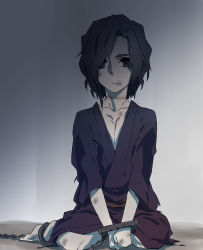 Rule 34 | 00s, 1boy, barefoot, black hair, blood, blood on face, blue eyes, bruise, chain, child, cuffs, expressionless, hair over one eye, injury, japanese clothes, kishima kouma, lowres, male focus, melty blood, shackles, short hair, sitting, solo, tsukihime, wariza, aged down