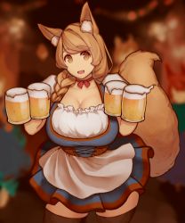 Rule 34 | 1girl, alcohol, animal ears, ass, bad id, bad pixiv id, beer, black thighhighs, blonde hair, braid, breasts, brown eyes, brown hair, cleavage, curvy, dirndl, dress, fox ears, fox girl, fox tail, german clothes, huge breasts, looking at viewer, mogu (kanikama mgmg), original, smile, solo, tail, thick thighs, thighhighs, thighs