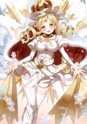Rule 34 | bad id, bad pixiv id, blonde hair, breasts, corset, crown, drill hair, haruri, highres, holy mami, large breasts, mahou shoujo madoka magica, solo, striped clothes, striped thighhighs, thighhighs, tomoe mami, vertical-striped clothes, vertical-striped thighhighs, white thighhighs, zettai ryouiki