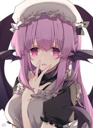 Rule 34 | 1girl, absurdres, apron, artist name, black souls, breasts, chinese commentary, demon girl, demon tail, demon wings, eyes visible through hair, hair between eyes, hand up, hat, head wings, heart, heart-shaped pupils, highres, light purple hair, long hair, looking at viewer, maid, medium breasts, mob cap, open mouth, pink eyes, puffy short sleeves, puffy sleeves, pupa jiang, purple tail, purple wings, short sleeves, simple background, solo, symbol-shaped pupils, tail, upper body, victoria (black souls), white apron, white background, white hat, wings