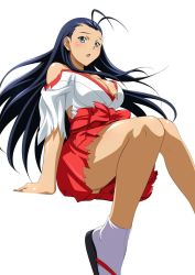 Rule 34 | 1girl, black hair, blush, breasts, highres, ikkitousen, kakouen myousai, large breasts, long hair, official art, open mouth, simple background, sitting, socks, solo, torn clothes, white background