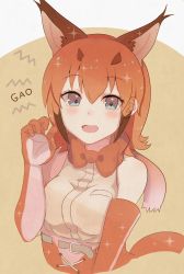 Rule 34 | 10s, 1girl, ancolatte (onikuanco), animal ears, bare shoulders, belt, blue eyes, blush, bow, bowtie, caracal (kemono friends), claw pose, commentary, elbow gloves, fang, gloves, high-waist skirt, highres, kemono friends, open mouth, orange hair, short hair, skirt, sleeveless, solo, tail, traditional bowtie